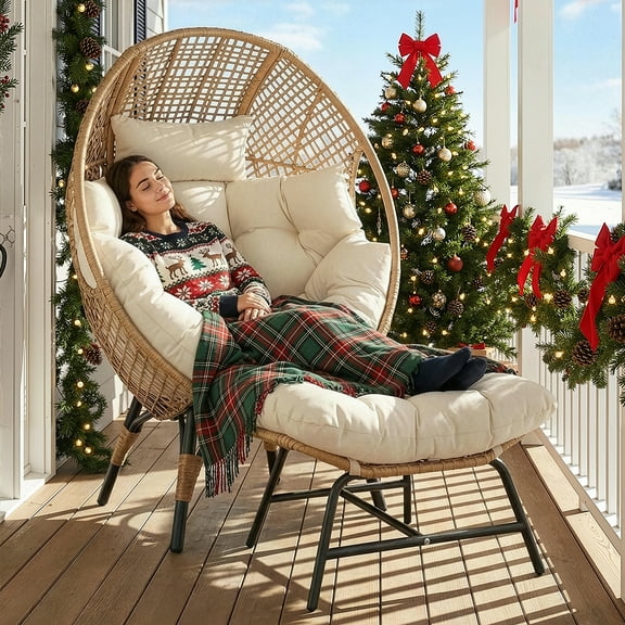RADIATA Oversized Wicker Egg Chair with Ottoman, Rattan Lounge Chair for Indoor Outdoor Patio, 440lbs Capacity