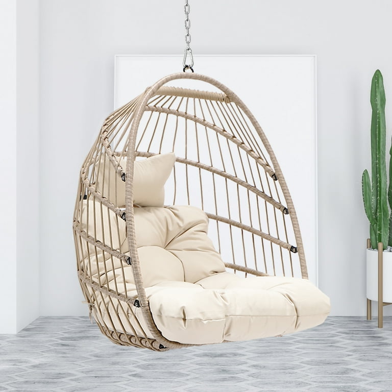 NICESOUL Beige Wicker Hanging Swing Egg Chair Without Stand Outdoor Tree Ceiling 265 lbs Capacity