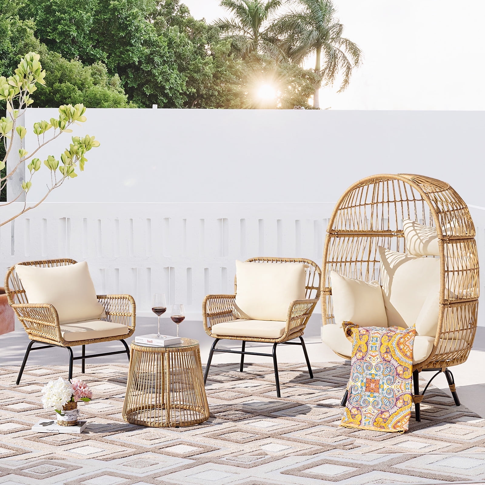 NICESOUL Bohemian 4 Piece Wicker Outdoor Patio Furniture Set with Stylish Egg Lounge Chair Natural Yellow in Nepal at NPR 0 Rating 4