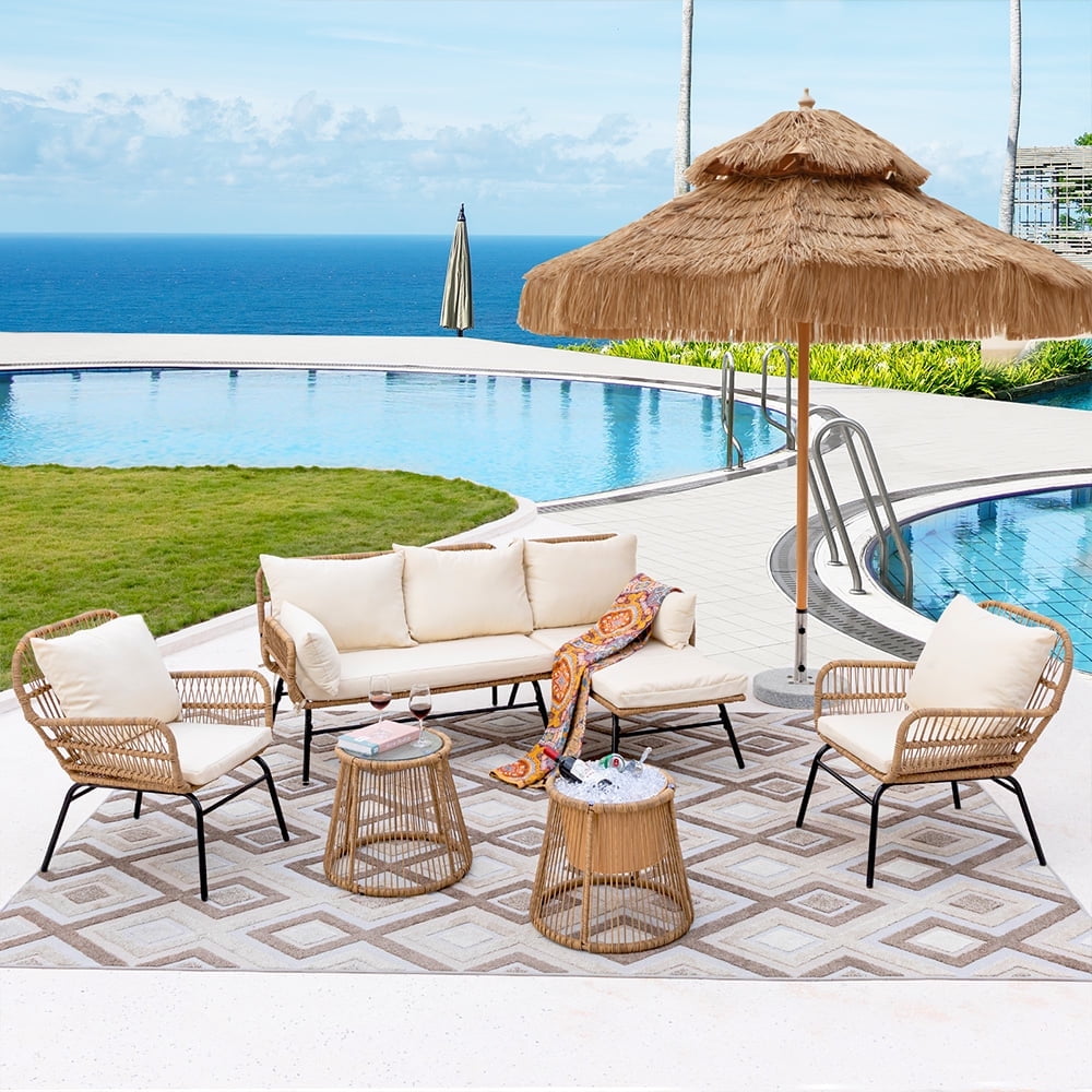 NICESOUL Boho Wicker Outdoor Sectional Sofa Patio Conversation Furniture Sets, Beige