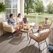 RADIATA boho patio furniture set, 4-Piece boho outdoor furniture set, L-Shaped boho patio sectional, patio furniture set boho wicker with Cream Cushions, Glass Table, 500 lbs Capacity