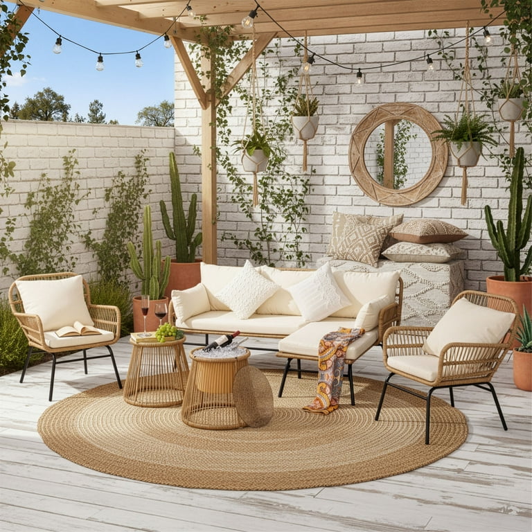 RADIATA 6Pcs Boho Patio Furniture Set, Beige Wicker Outdoor