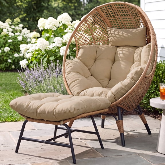 RADIATA Patio Egg Chair with Foot Rest, Oversized Rattan Egg Shaped Chair with Cushion, 440lbs Weight Capacity for Indoor Outdoor Patio Balcony, Brown