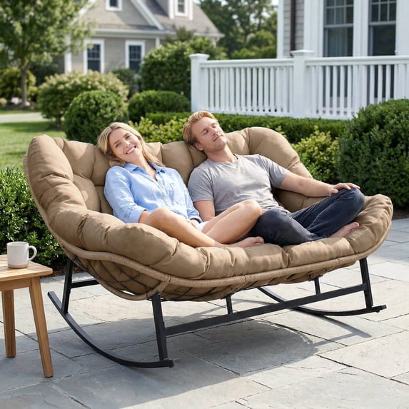 RADIATA Double Papasan Rocking Chair with Cushion, 2-Person Patio Egg Lounge Chair, Oversized Outdoor Recliner Loveseat, 620 lbs Capacity, Comfy Big Rocker for Porch, Balcony,Living Room,Brwon