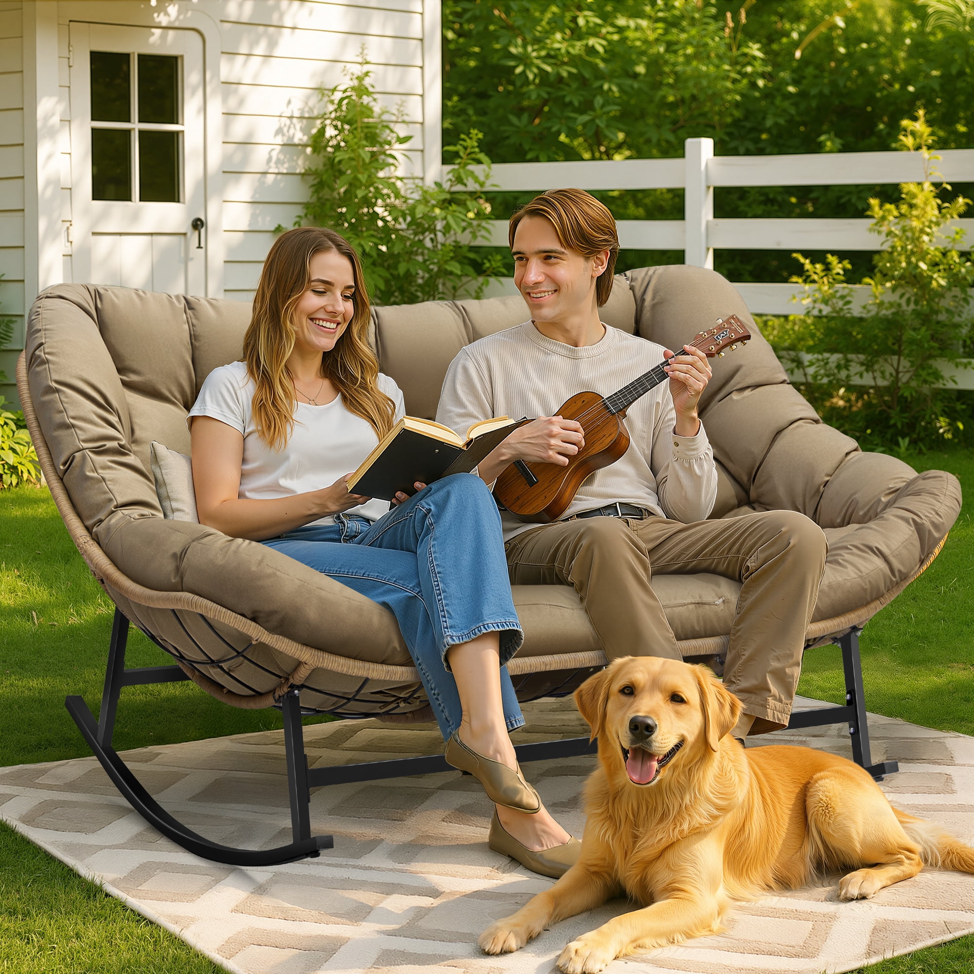 Two Person Spring Rocker RADIATA Double Papasan Rocking Chair with Cushion, 2-Person Patio Egg ...