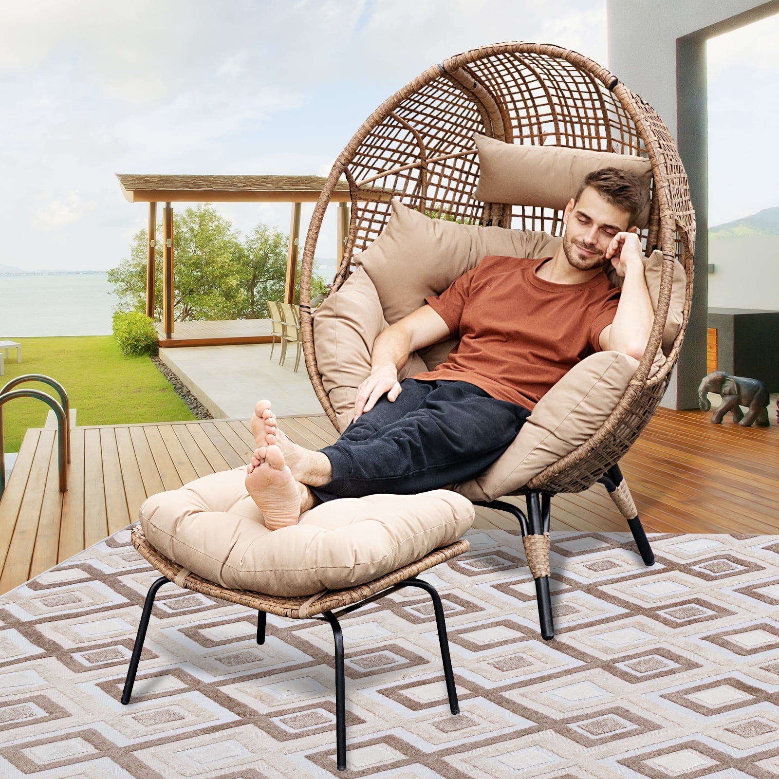 NICESOUL Brown Oversized Wicker Egg Chair with Legs and Ottoman Outdoor Indoor Large Egg Basket ...