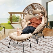 NICESOUL Brown Oversized Wicker Egg Chair with Legs and Ottoman Outdoor Indoor Large Egg Basket Lounge Recliner Chair with Footstool for Bedroom Patio Balcony Front Porch Garden