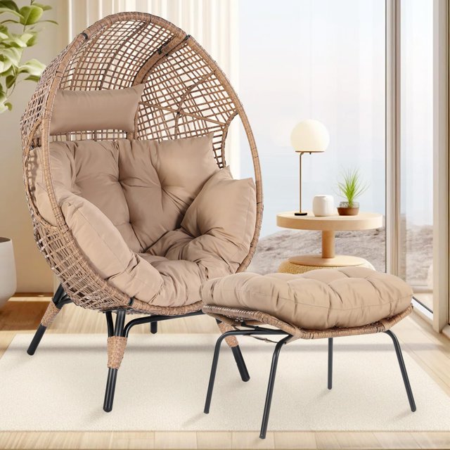 NICESOUL Brown Oversized Wicker Egg Chair with Legs and Ottoman Outdoor
