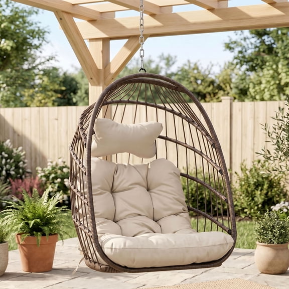 RADIATA Patio Hanging Egg Chair Without Stand, 5" Cushion 3-Second Folding Wicker Outdoor Swing Chair No Stand Tree or Ceiling Hanging for Garden, Porch, Balcony, 350 lb, Brown