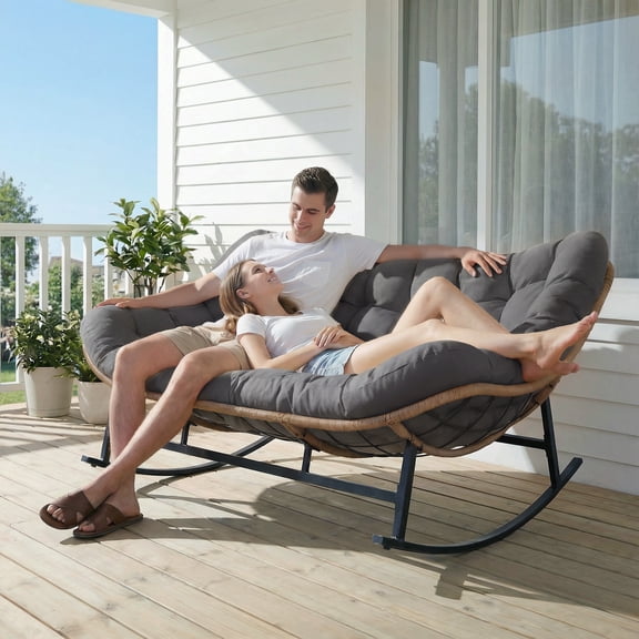 RADIATA Double Papasan Rocking Chair with Cushion, 2-Person Patio Egg Lounge Chair, Oversized Outdoor Recliner Loveseat, 700 lbs Capacity, Comfy Big Rocker for Porch, Balcony, or Living Room,Grey