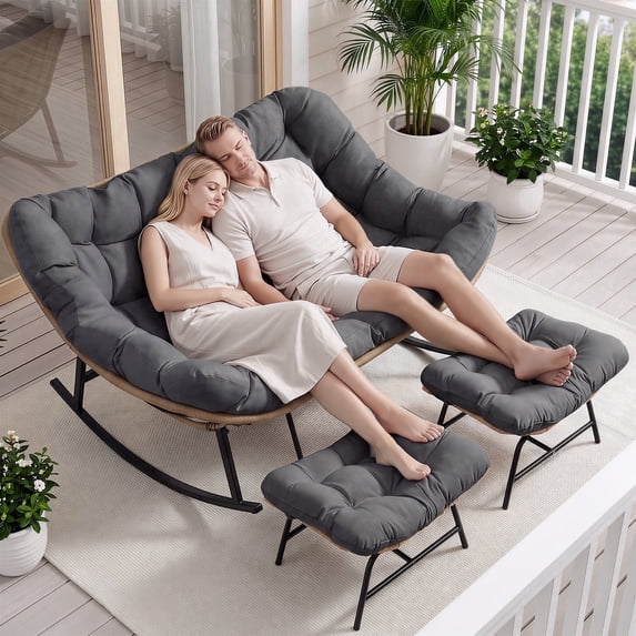 RADIATA 2-Person Patio Rocking Papasan Chair with Ottoman, Oversized Double Egg Loveseat with Cushion, 620 lbs Wicker Glider Recliner for Outdoor Indoor, Lawn, Deck, Garden, Dark Gray