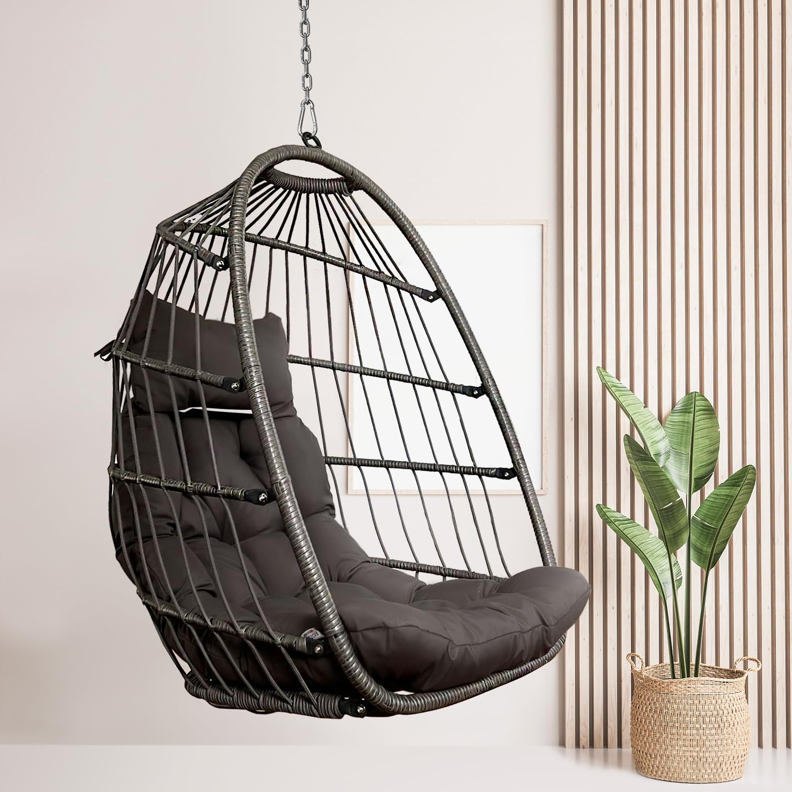 NICESOUL Dark Gray Wicker Swing Egg Chair Without Stand Indoor Outdoor