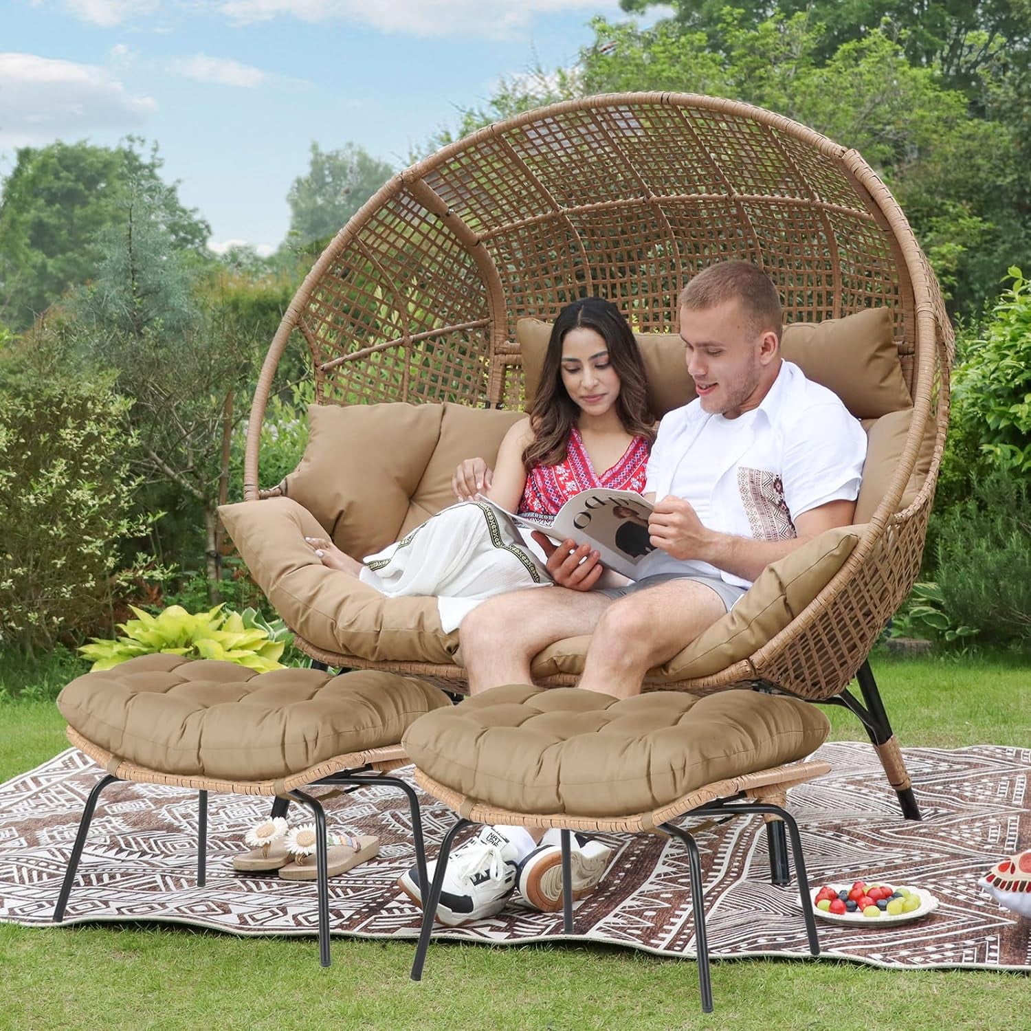 NICESOUL Double Egg Chair with Ottomans Outdoor Wicker Patio Egg Chairs ...