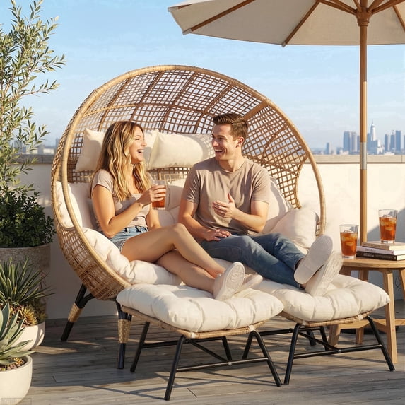 RADIATA Double Egg Chair with Ottoman & 6.5" Cushions, 57.1 Wide Oversized Indoor Outdoor Wicker Loveseat, Stationary Patio Lounge Chair for Balcony, Garden, Beige