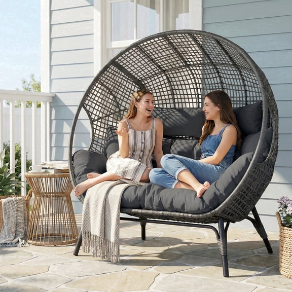 RADIATA Double Egg Chair for 2 Person, Oversized Wicker Loveseat with Thick Cushions, Indoor Outdoor Stationary Patio Lounge Chair for Balcony, Garden, Dark Grey