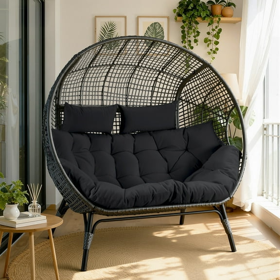 RADIATA Double Egg Chair for 2 Person, Oversized Wicker Loveseat with Thick Cushions, 680 lbs Capacity, Indoor Outdoor Stationary Patio Lounge Chair for Balcony, Garden, Dark Grey