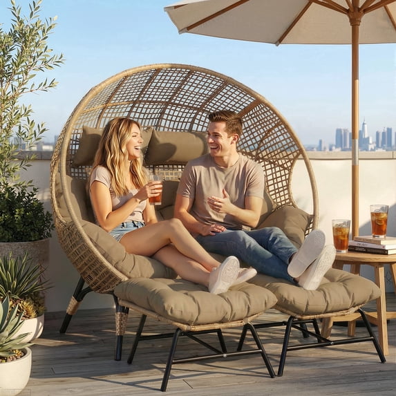 RADIATA Double Egg Chair with Ottomans, Oversized 2-Person Wicker Loveseat with Cushions, Indoor Outdoor PE Rattan Lounge Chair for Patio, Garden, Balcony,Brown