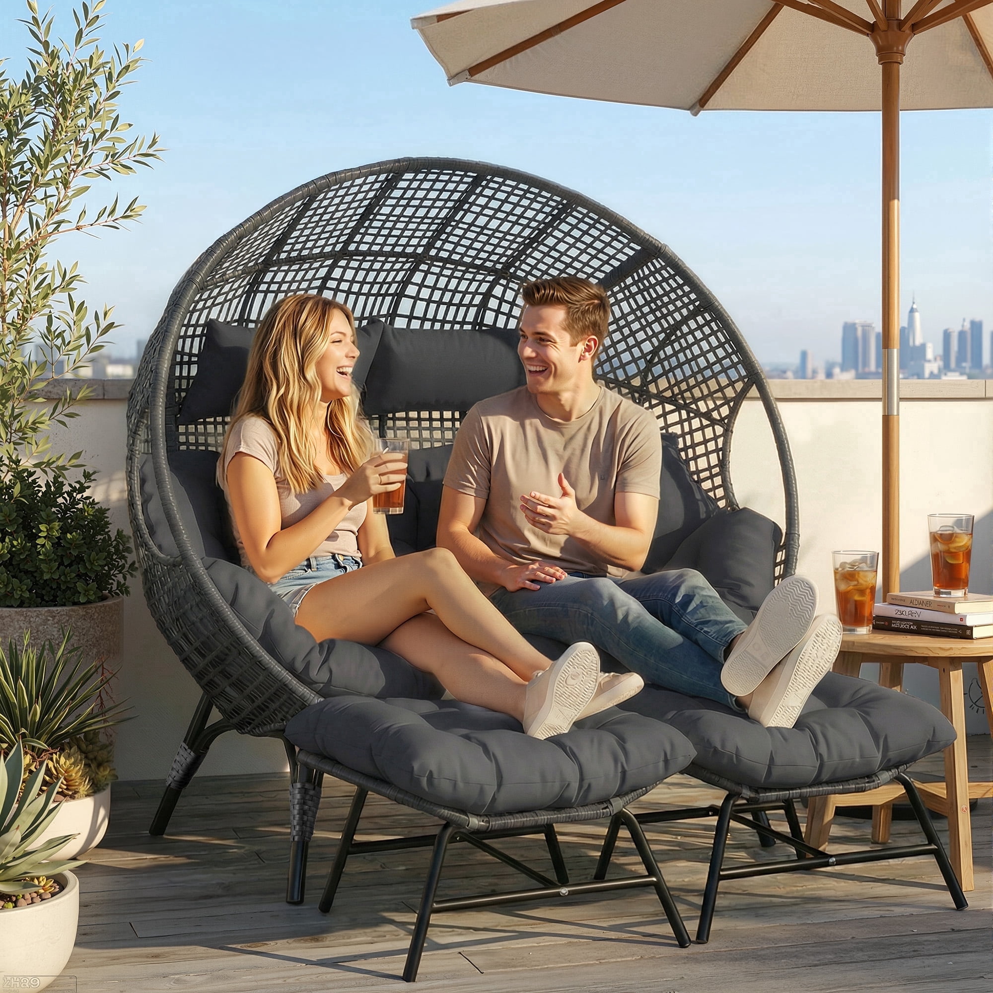 RADIATA Double Egg Chair with Ottomans, Oversized 2-Person Wicker