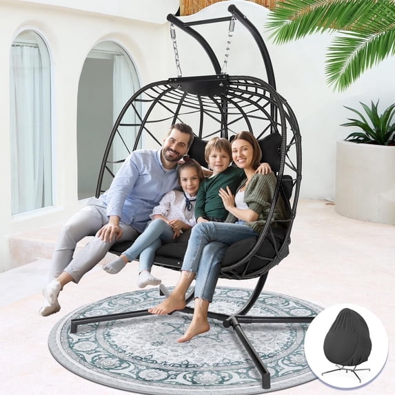 RADIATA Double Person Swing Chairs for Exteriors Large Egg Chair with Stand Oversized Patio Hanging Egg Chairs with Cover for Bedroom Gray Wicker Wovend Black Olefin Cushions Luxury