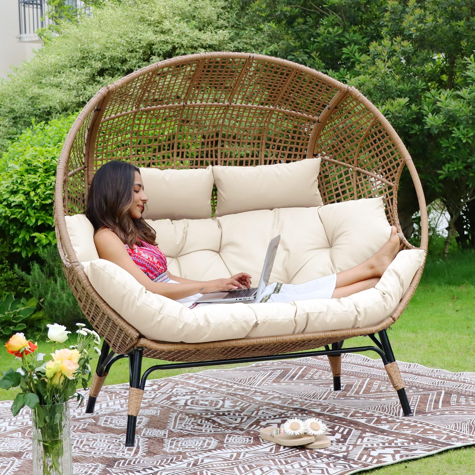 NICESOUL Double Egg Chair Loveseat – Luxury PE Rattan Seating