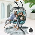 thumbnail image 1 of RADIATA Double Swing Egg Chair Loveseat with Stand for 2 Person Outdoor Indoor Patio Bedroom Gray Rattan Woven Turquoise Olefin Cushion Extra Large Size 700 lbs Capacity with Cover, 1 of 11