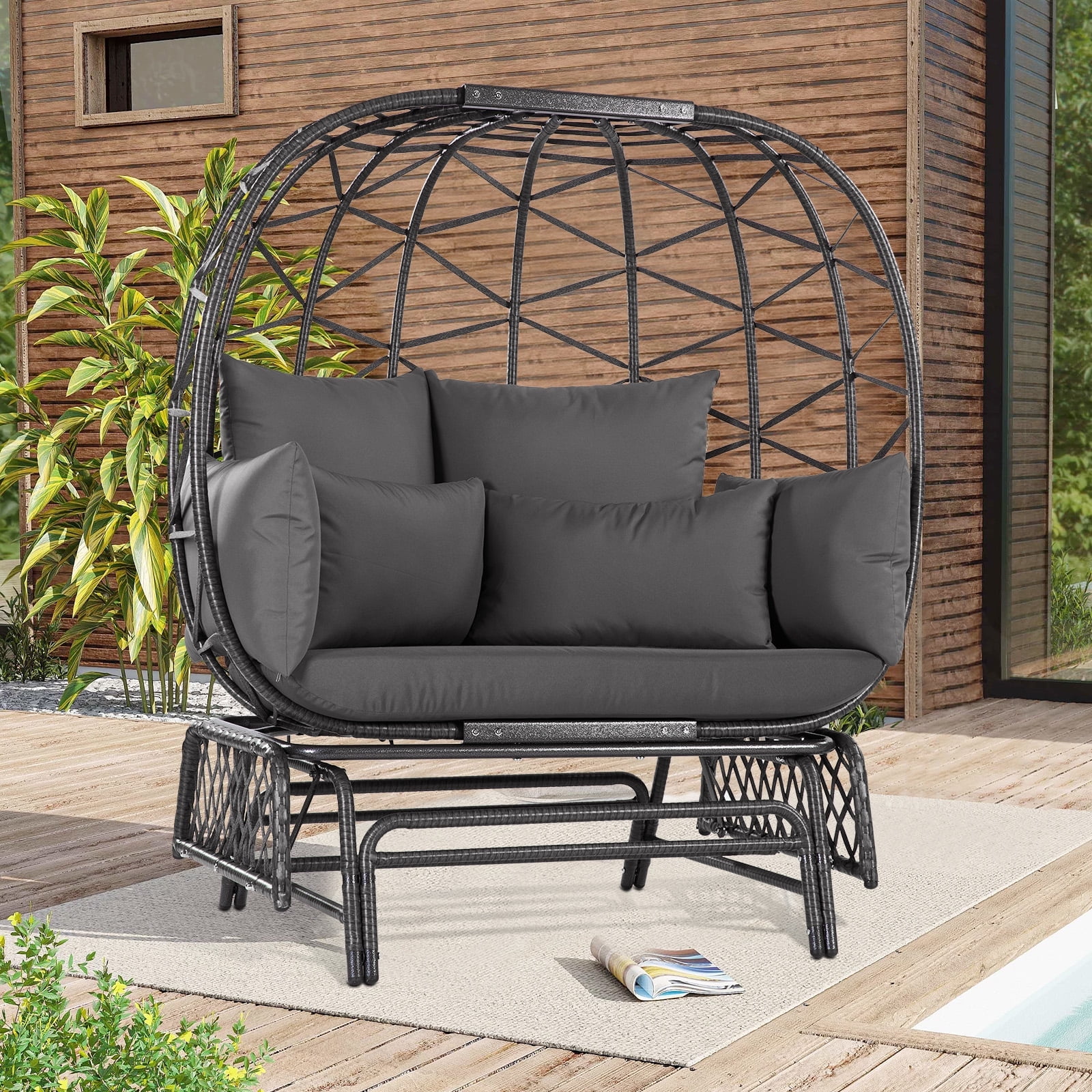 Gray Double Glider Outdoor Egg Chair with Cushions
