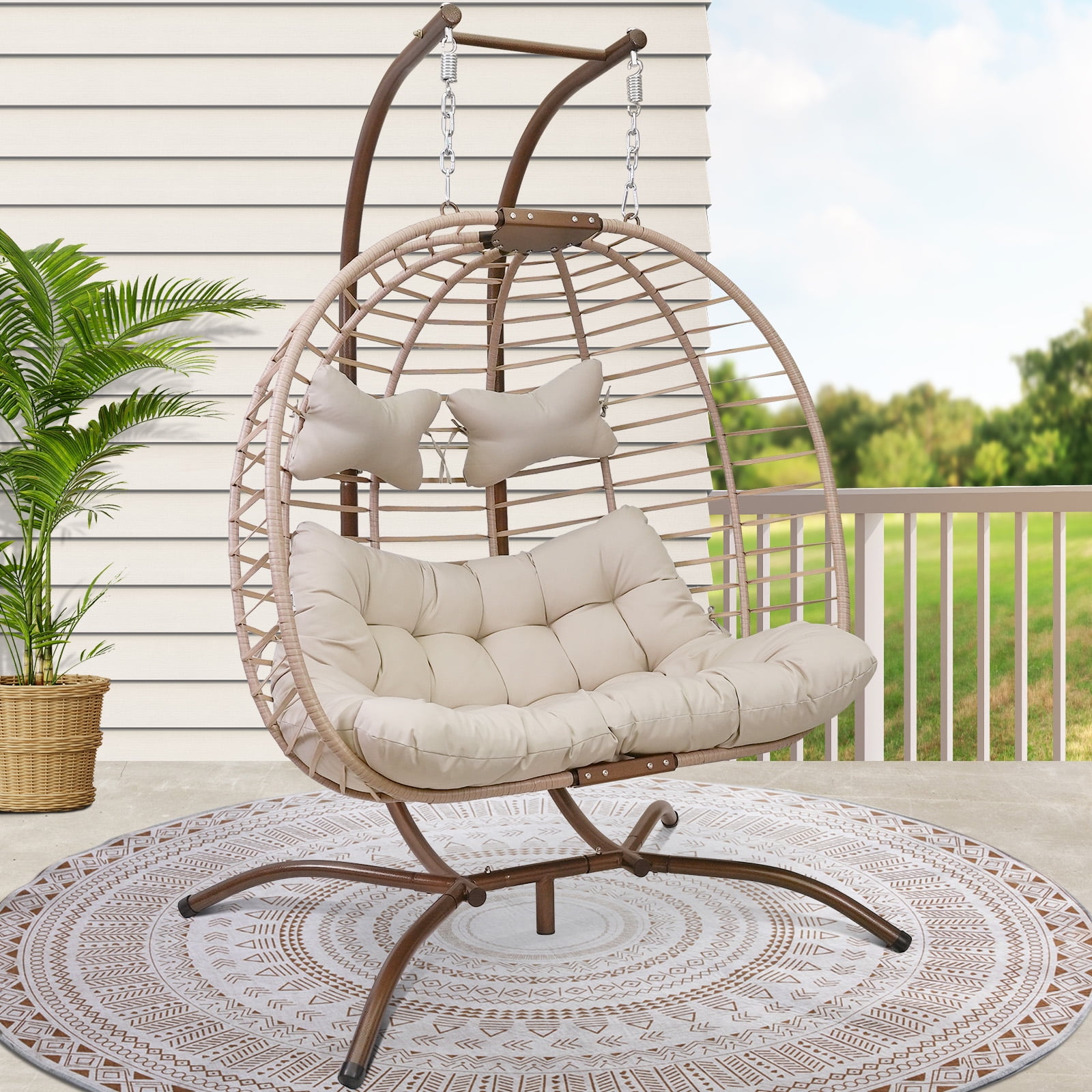 Brafab 2 Person Swing Egg Chair Sturdy Stand Fluffy Cushion Wicker Rattan 500LBS Indoor Outdoor Light Grey Walmart