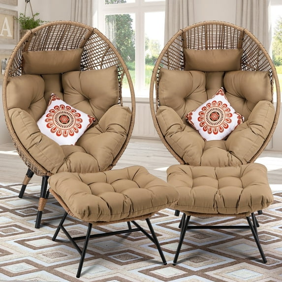 RADIATA Egg Chair with Footrest Indoor Basket Chairs Wicker Patio Egg Chairs with Ottoman for Bedroom Porch Deck Backyard Garden (2 Pieces,Brown)