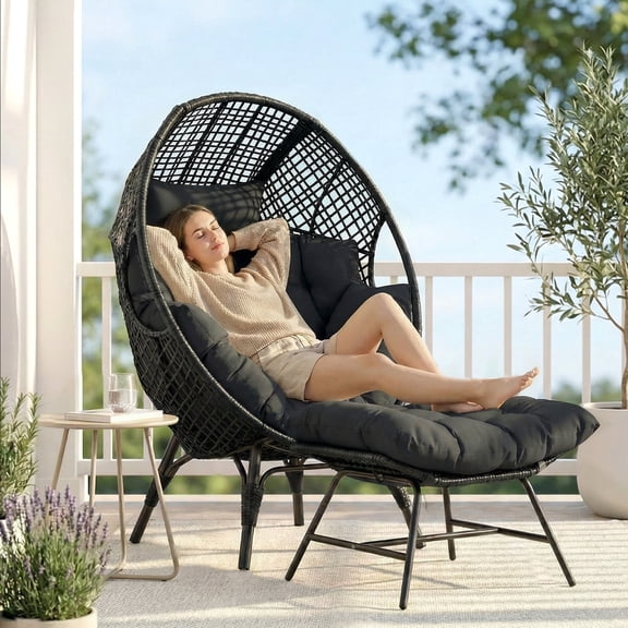 RADIATA Oversized Wicker Egg Chair with Ottoman, Rattan Lounge Chair for Indoor Outdoor Patio, 440lbs Capacity,Dark Gray
