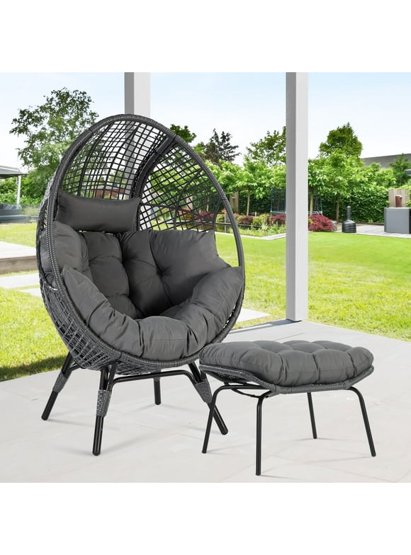 NICESOUL Egg Chair with Footrest Outdoor Wicker Patio Egg Chairs with Ottoman for Indoor Bedroom Outside Porch Deck Backyard Garden (2 Pieces,Gray)