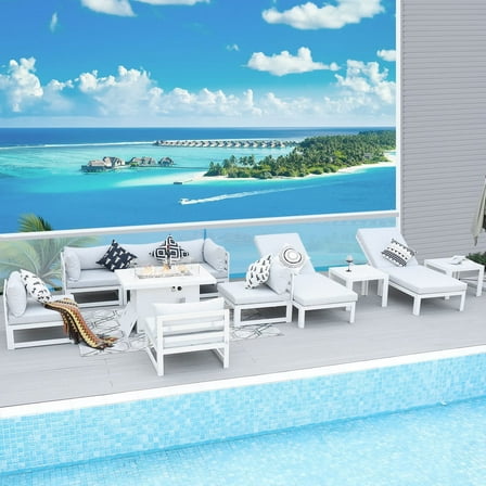 RADIATA Extra Large 11pcs Aluminum Patio Furniture Set with Fire Pit Table CSA Approved 43" Propane Gas Convertable Outdoor Luxury Conversation Sofa Set with Firepit White Color Modern