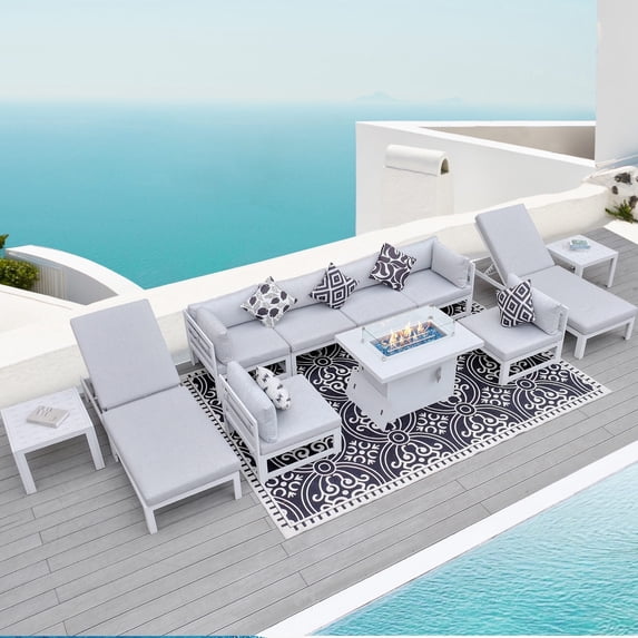 RADIATA Extra Large 11pcs Aluminum Patio Furniture Set with Fire Pit Table Safe Approved 43" Propane Gas Outdoor Luxury Conversation Sofa Set
