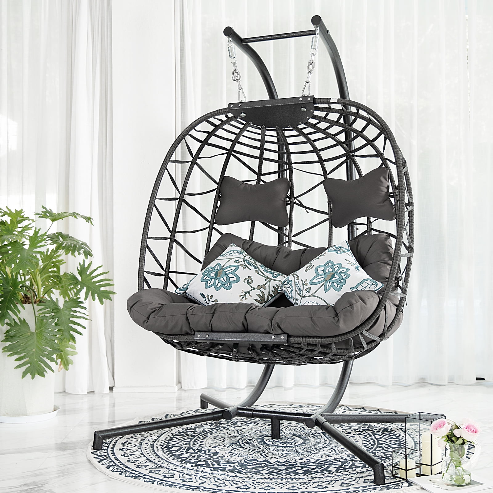 NICESOUL Gray Double Egg Chair With Stand, Wicker Luxury Patio Loveseat For Two Persons, 500 lbs
