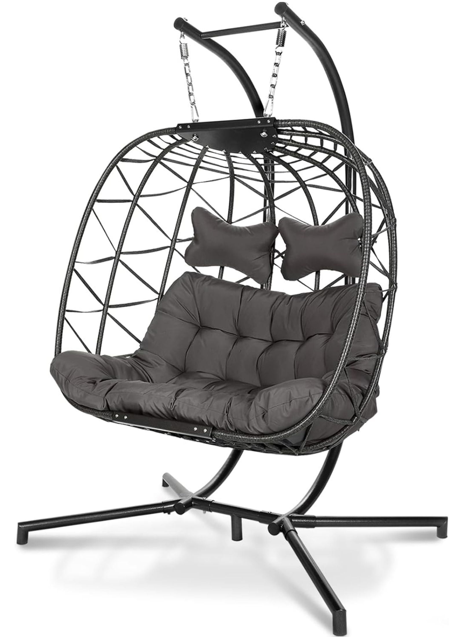 NICESOUL Outdoor Nest, Gray Double Egg Chair with Metal Stand, Rattan Basket, Luxury Patio