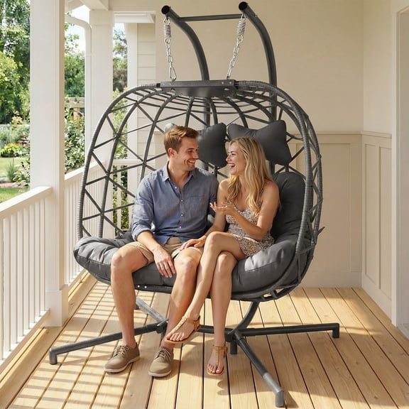 RADIATA Gray Double Egg Chair With Stand, Wicker Luxury Patio Loveseat For Two Persons, 700 lbs Max weight