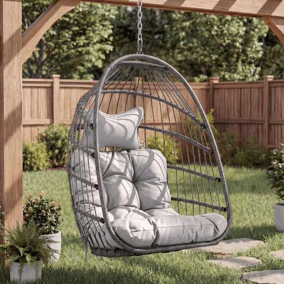 RADIATA Hanging Egg Chair Without Stand, Gray Wicker Swing Egg Chair with Cushion, 350 lbs Capacity, Indoor Outdoor Ceiling or Tree Hanging Chair for Patio, Bedroom, Porch