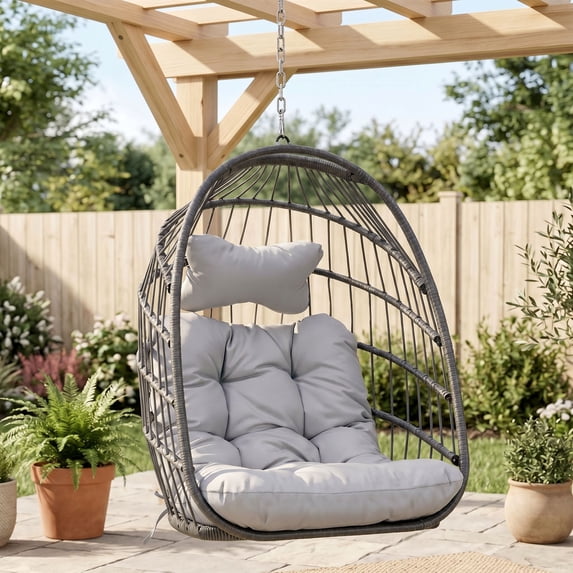 RADIATA Patio Hanging Egg Chair Without Stand, 5" Cushion 3-Second Folding Wicker Outdoor Swing Chair No Stand Tree or Ceiling Hanging for Garden, Porch, Balcony,350 lb, Light Gray