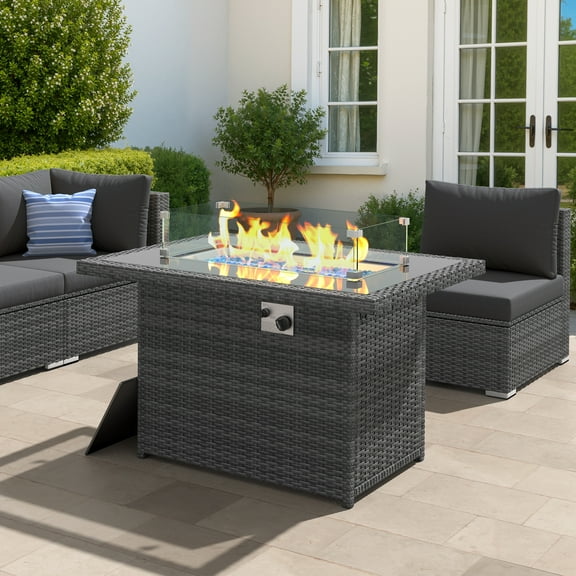 RADIATA 43" Wicker Propane Fire Pit Table, 60000 BTU Outdoor Rectangle Gas Firepit with Wind Guard, Glass Rocks & Cover, CSA Certified Patio Fire Table for Backyard Deck Garden, Gray