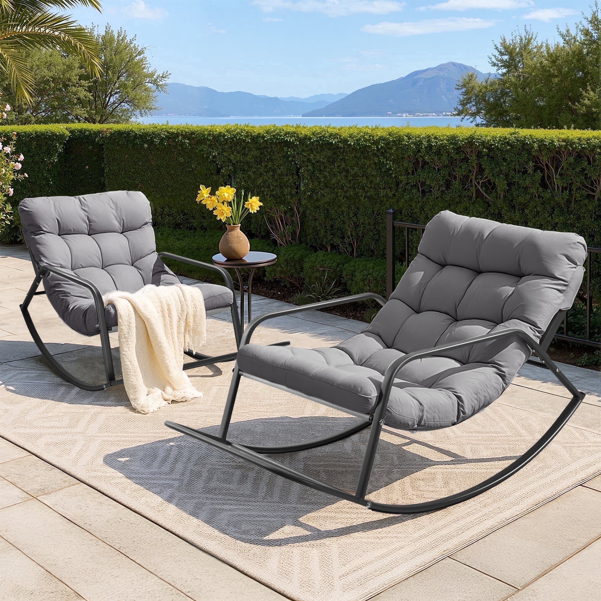 NICESOUL Grey Oversized Indoor Outdoor Rocking Papasan Lounge Reclining Chair with Footrest 2 PCS