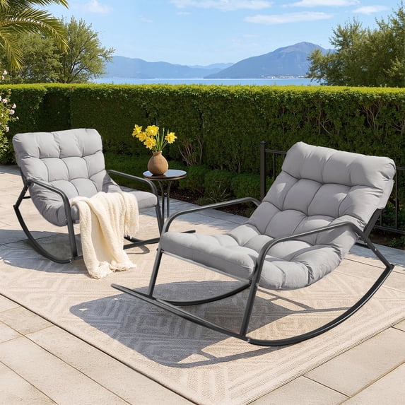 RADIATA Oversized Papasan Rocking Recliner Chair with Footrest, 400lbs Rocking Lounge Chair for Indoor Outdoor Patio, Living Room, 2PCS,Gray