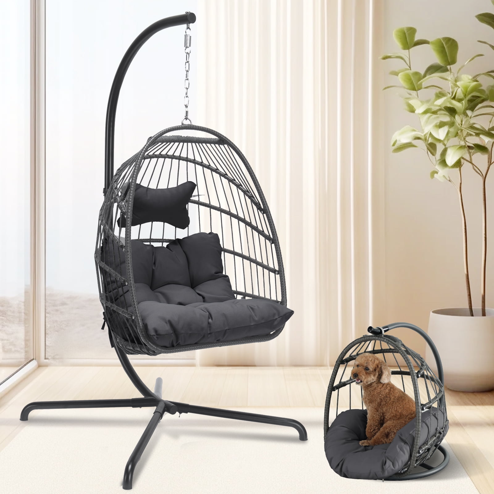 Nicesoul Swing Egg Chair Wicker Hanging Chair With Stand Color Dark Grey Maximum Weight 350lbs