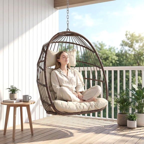 RADIATA Foldable Hanging Egg Chair, No Stand, Brown Wicker Rattan Swing with Cushion , Indoor/Outdoor, 350 lb Capacity