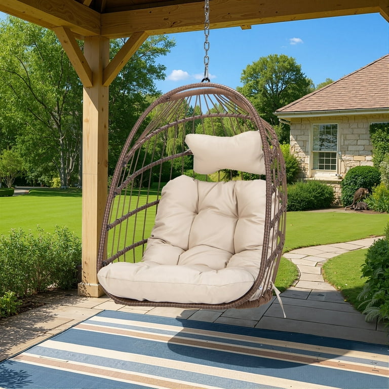 NICESOUL Brown Wicker Hanging Egg Chair, Indoor/Outdoor, Foldable