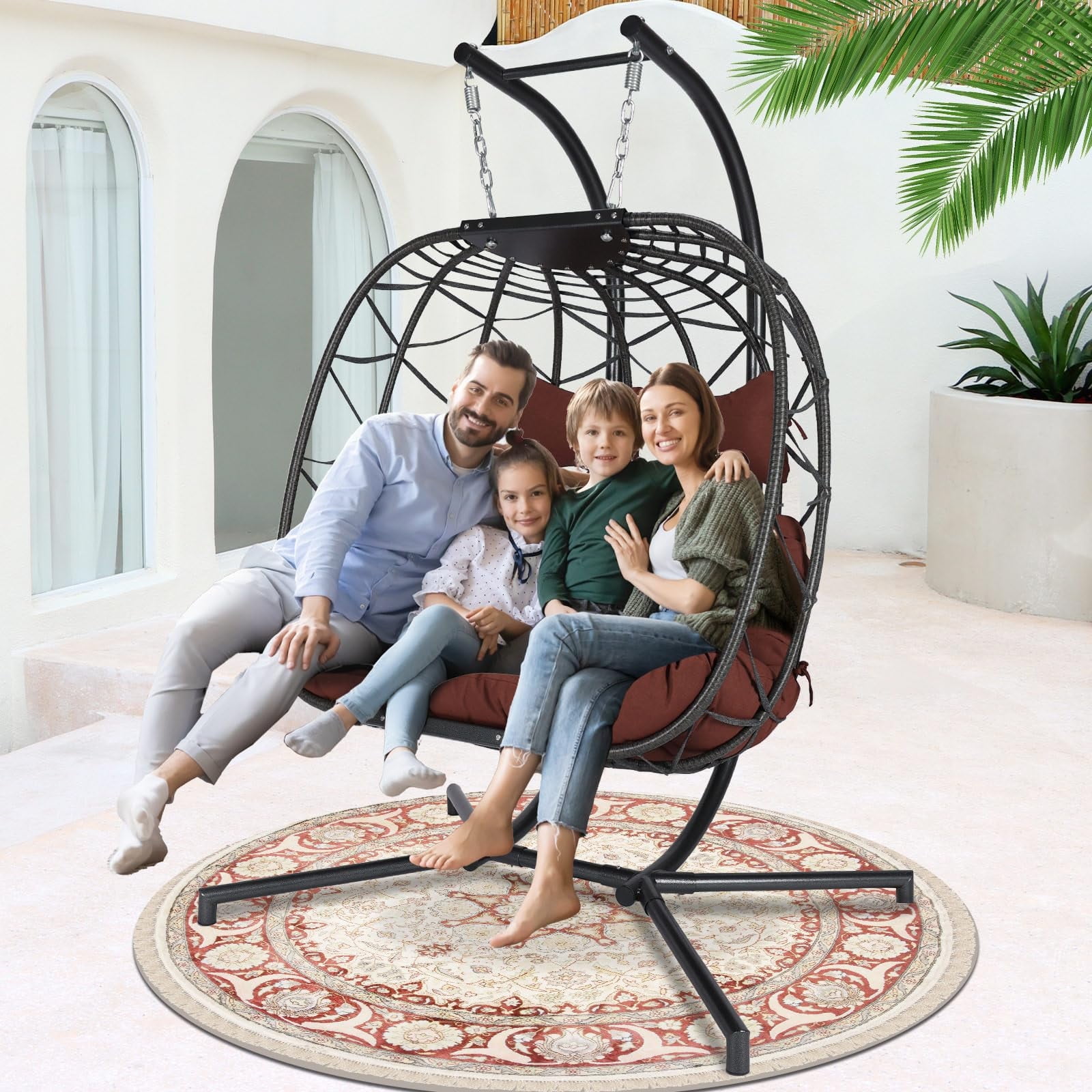 NICESOUL Large Dark Red Egg Swing Loveseat with Stand Hanging Basket