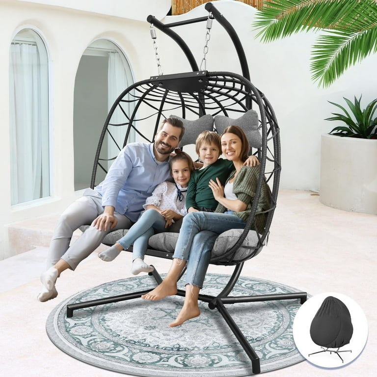 NICESOUL Large Light Gray Egg Swing Loveseat with Stand Hanging Basket Chair Egg Swing Chair with Stand for Outside 2 Person Bedroom Living Room