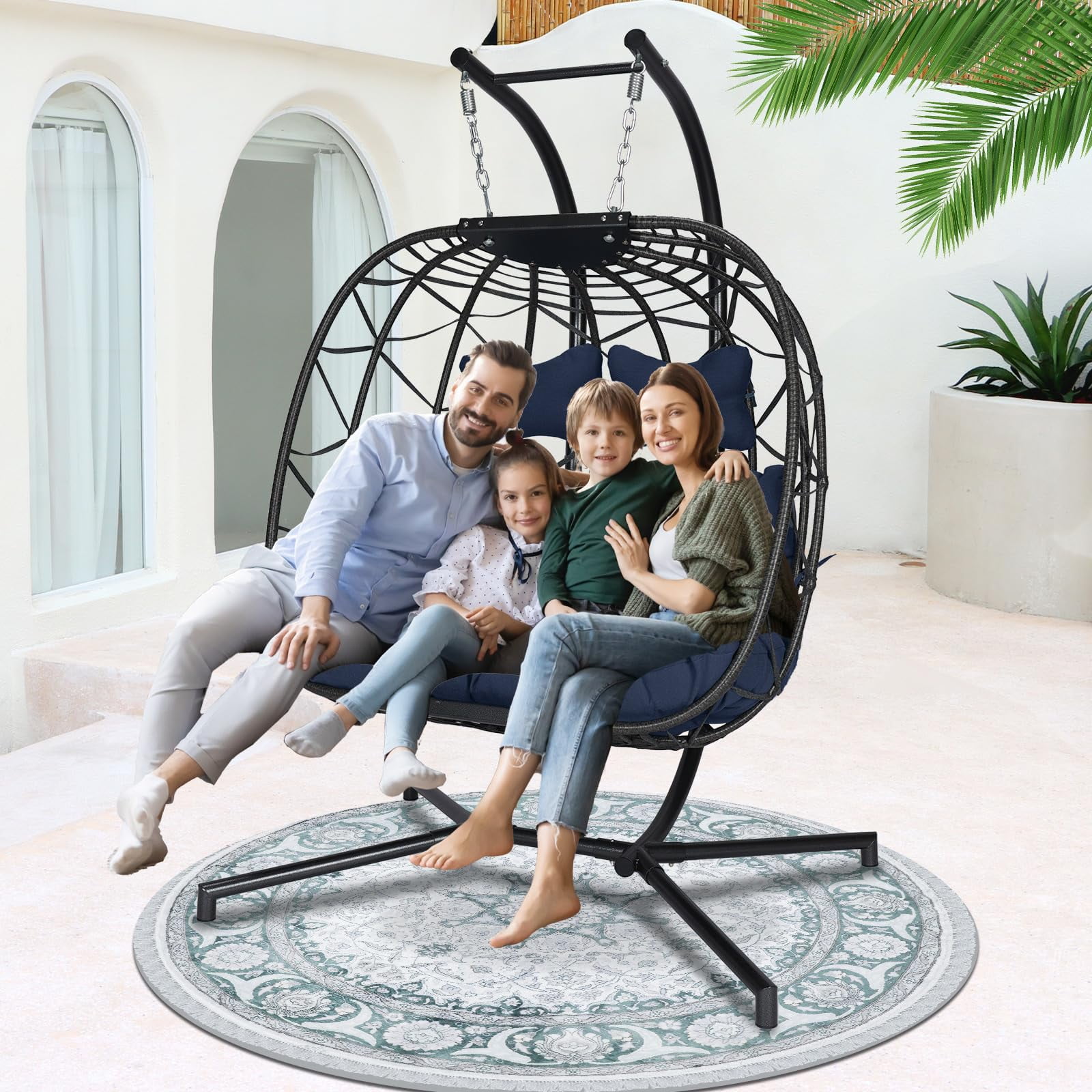NICESOUL Large Navy Egg Swing Loveseat with Stand Hanging Basket Chair