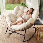 RADIATA Oversized Outdoor Papasan Rocking Chair, Indoor Outdoor Heavy Duty Wicker Patio Egg Rocking Chair with 5.1 Cushion, 450lbs Capacity, Beige