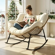 RADIATA Oversized Outdoor Papasan Rocking Chair, Heavy Duty Wicker Patio Rocking Chair with Cushion, 450lbs Capacity, Comfortable, Beige
