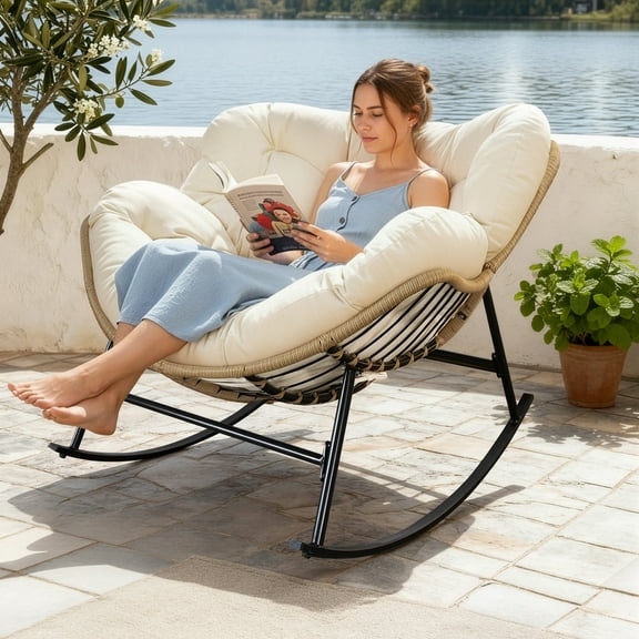 RADIATA Oversized Outdoor Papasan Rocking Chair, Heavy Duty Wicker Patio Rocking Chair with Cushion, 450lbs Capacity, Comfortable, Beige