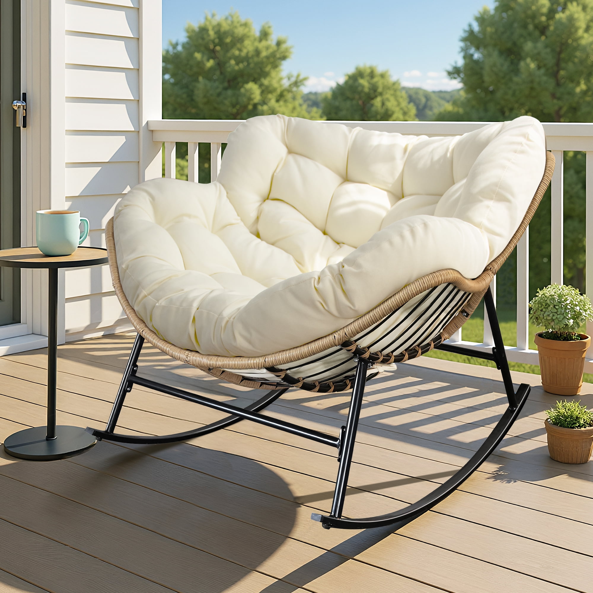 Walmart Deals of RADIATA Oversized Outdoor Rocking Chair with Cushion, 450 lbs Capacity Oversize Papasan Rocking Chair for Patio, Balcony or Porch, Beige
